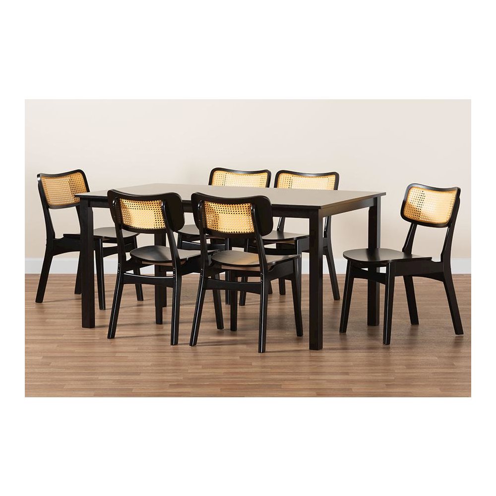 Estera Mid-Century Modern Dark Brown Finished Wood and Rattan 7-Piece Dining Set. Picture 9