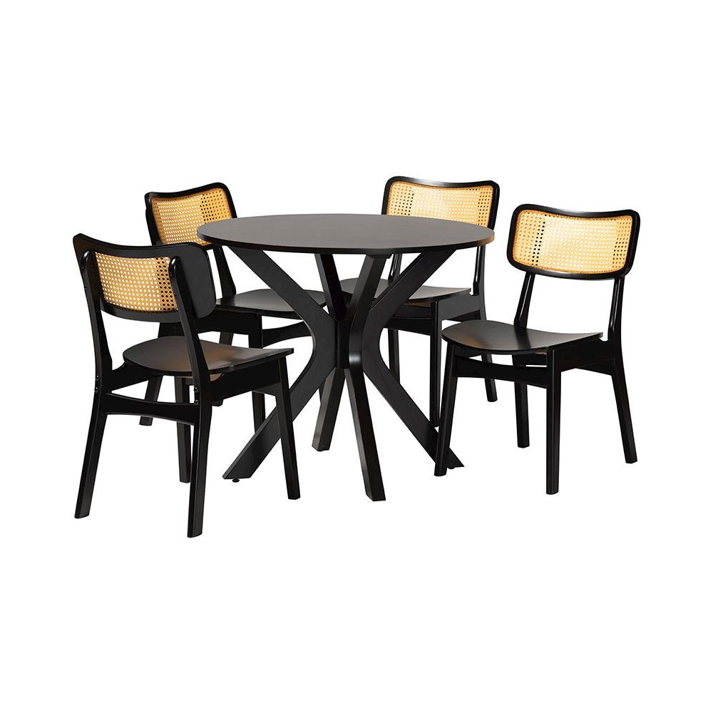 Linnet Mid-Century Modern Dark Brown Finished Wood and Rattan 5-Piece Dining Set. Picture 1