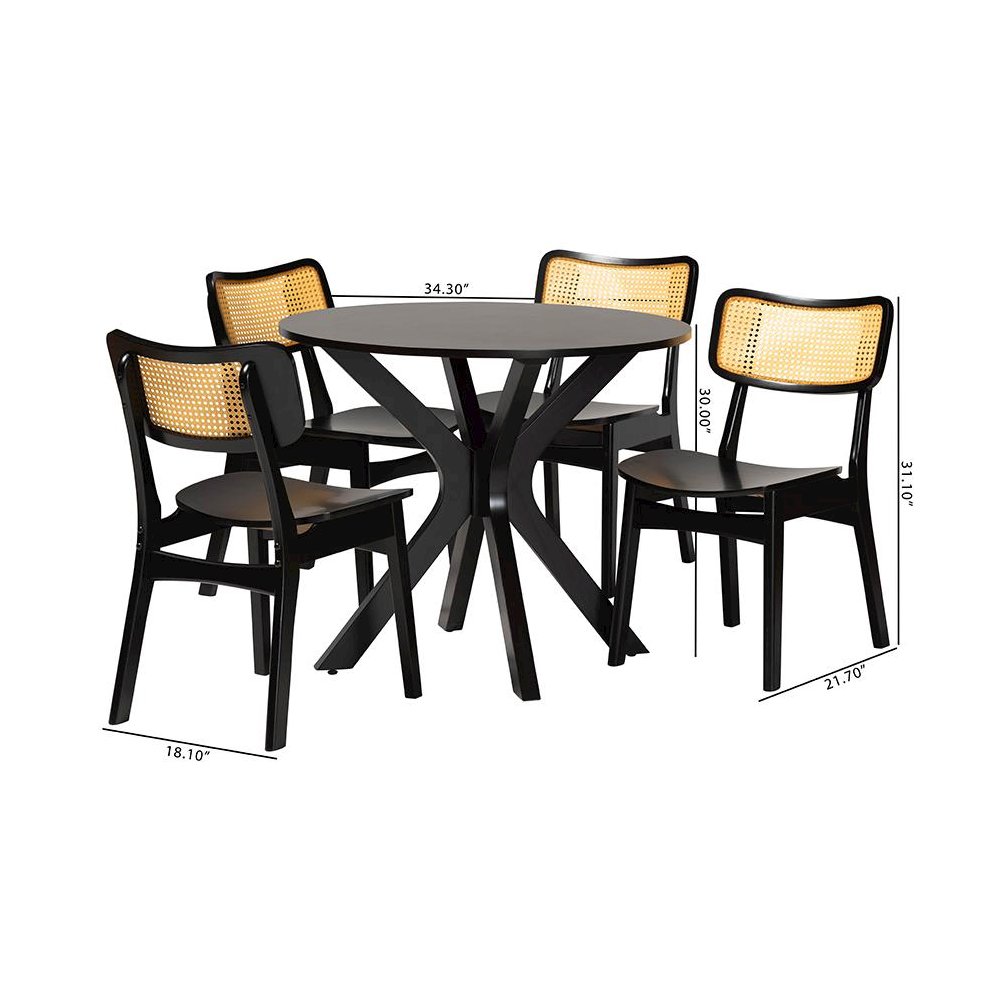 Linnet Mid-Century Modern Dark Brown Finished Wood and Rattan 5-Piece Dining Set. Picture 10