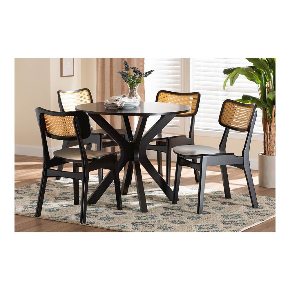 Linnet Mid-Century Modern Dark Brown Finished Wood and Rattan 5-Piece Dining Set. Picture 8