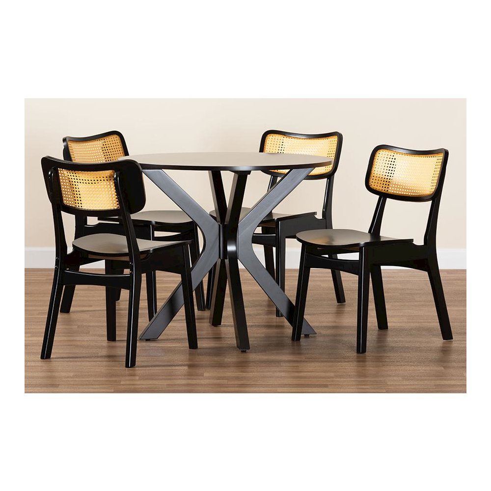 Linnet Mid-Century Modern Dark Brown Finished Wood and Rattan 5-Piece Dining Set. Picture 9