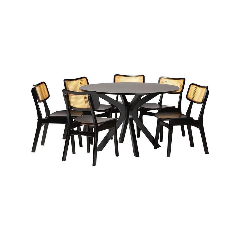 Linnet Mid-Century Modern Dark Brown Finished Wood and Rattan 7-Piece Dining Set. Picture 1