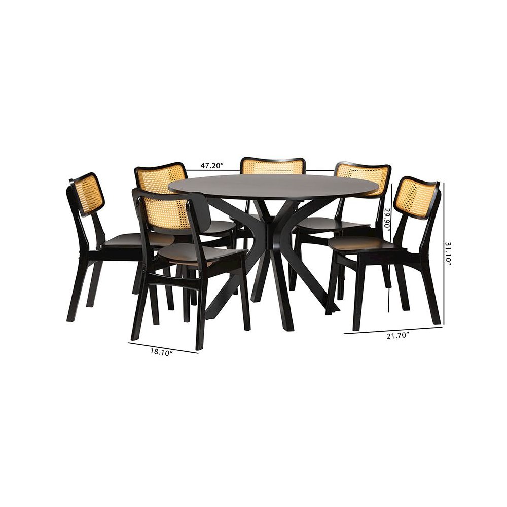 Linnet Mid-Century Modern Dark Brown Finished Wood and Rattan 7-Piece Dining Set. Picture 10