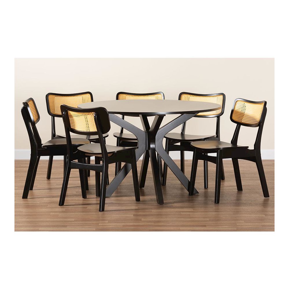 Linnet Mid-Century Modern Dark Brown Finished Wood and Rattan 7-Piece Dining Set. Picture 9