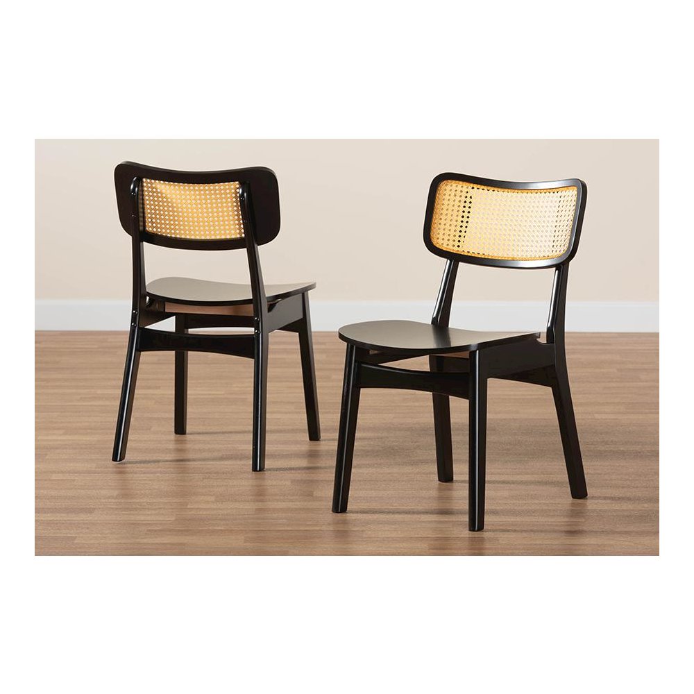 Dark Brown Finished Wood and Rattan 2-Piece Dining Chair Set. Picture 8