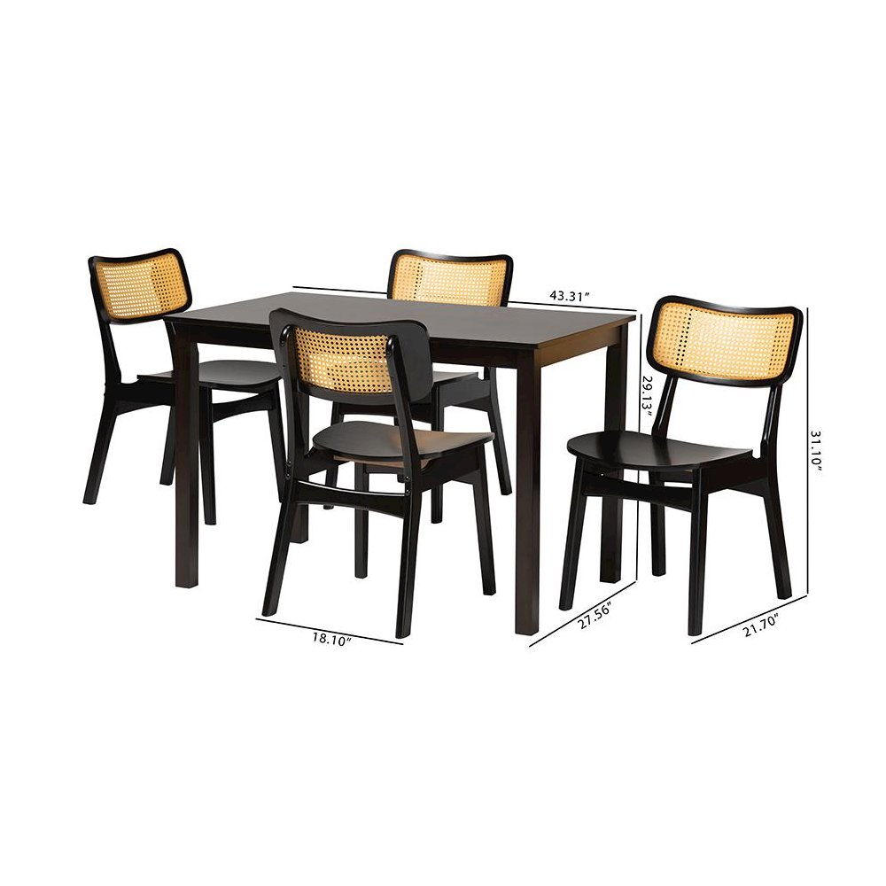 Estera Mid-Century Modern Dark Brown Finished Wood and Rattan 5-Piece Dining Set. Picture 10