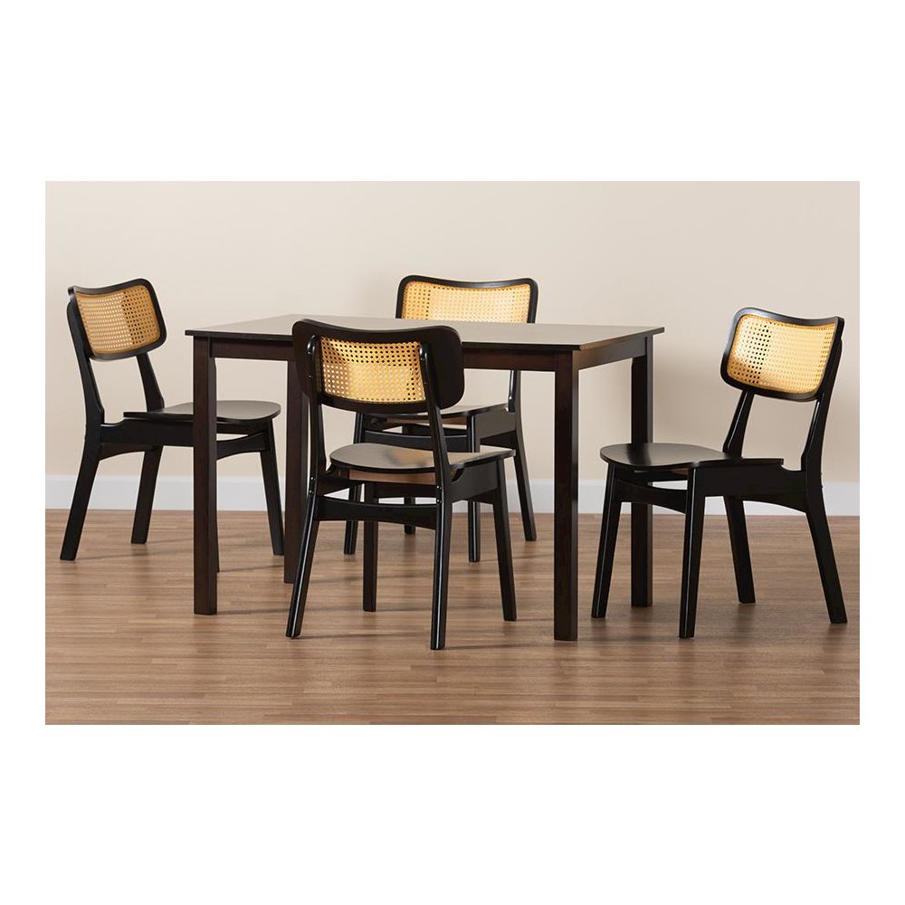 Estera Mid-Century Modern Dark Brown Finished Wood and Rattan 5-Piece Dining Set. Picture 9