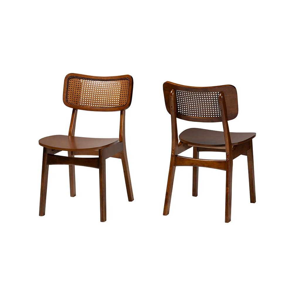Walnut Brown Finished Wood and Rattan 2-Piece Dining Chair Set. Picture 1