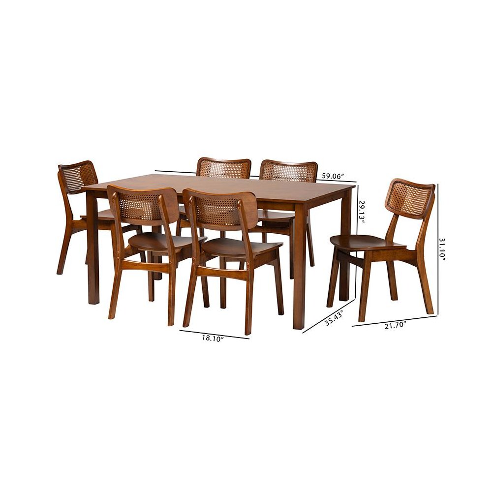 Walnut Brown Finished Wood and Rattan 7-Piece Dining Set. Picture 10