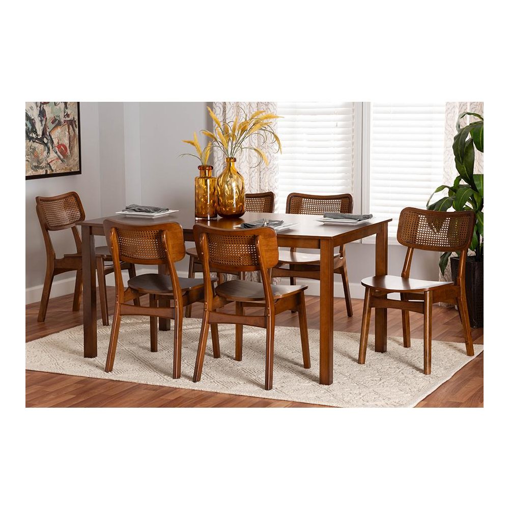 Walnut Brown Finished Wood and Rattan 7-Piece Dining Set. Picture 8