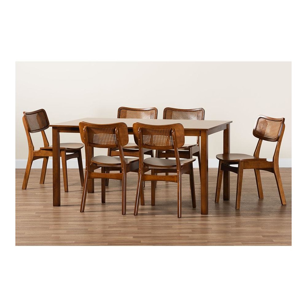 Walnut Brown Finished Wood and Rattan 7-Piece Dining Set. Picture 9