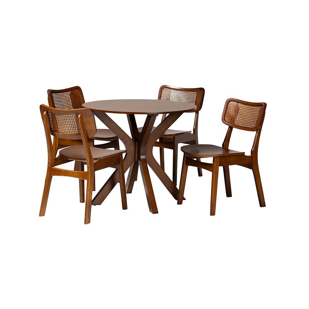 Walnut Brown Finished Wood and Rattan 5-Piece Dining Set. Picture 1