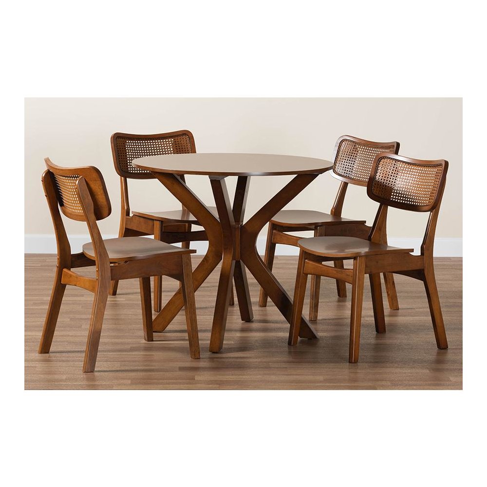 Walnut Brown Finished Wood and Rattan 5-Piece Dining Set. Picture 9