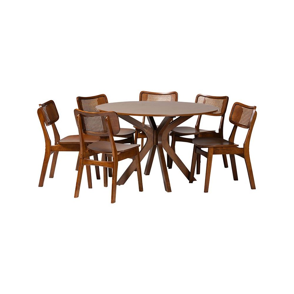 Walnut Brown Finished Wood and Rattan 7-Piece Dining Set. Picture 1