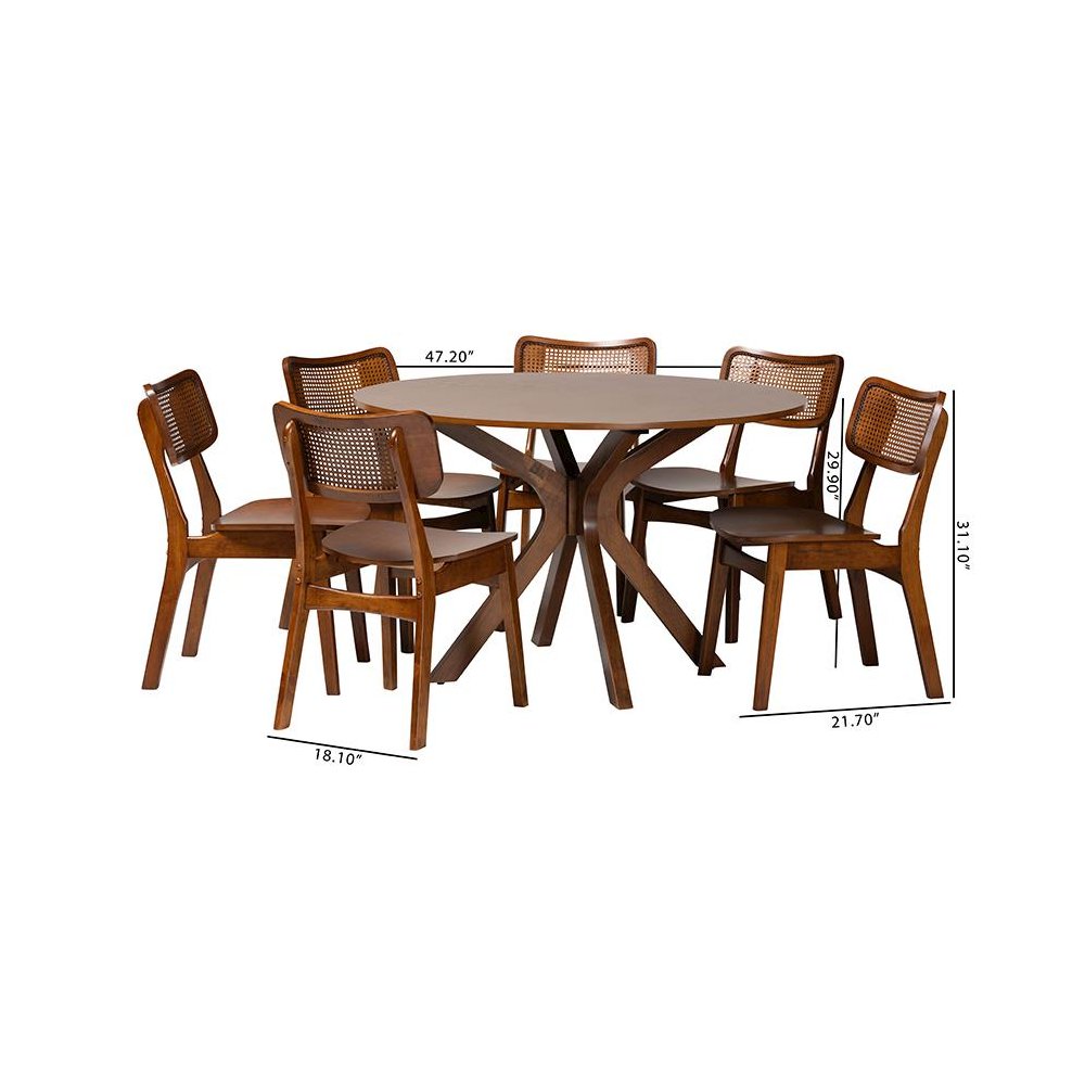 Walnut Brown Finished Wood and Rattan 7-Piece Dining Set. Picture 10
