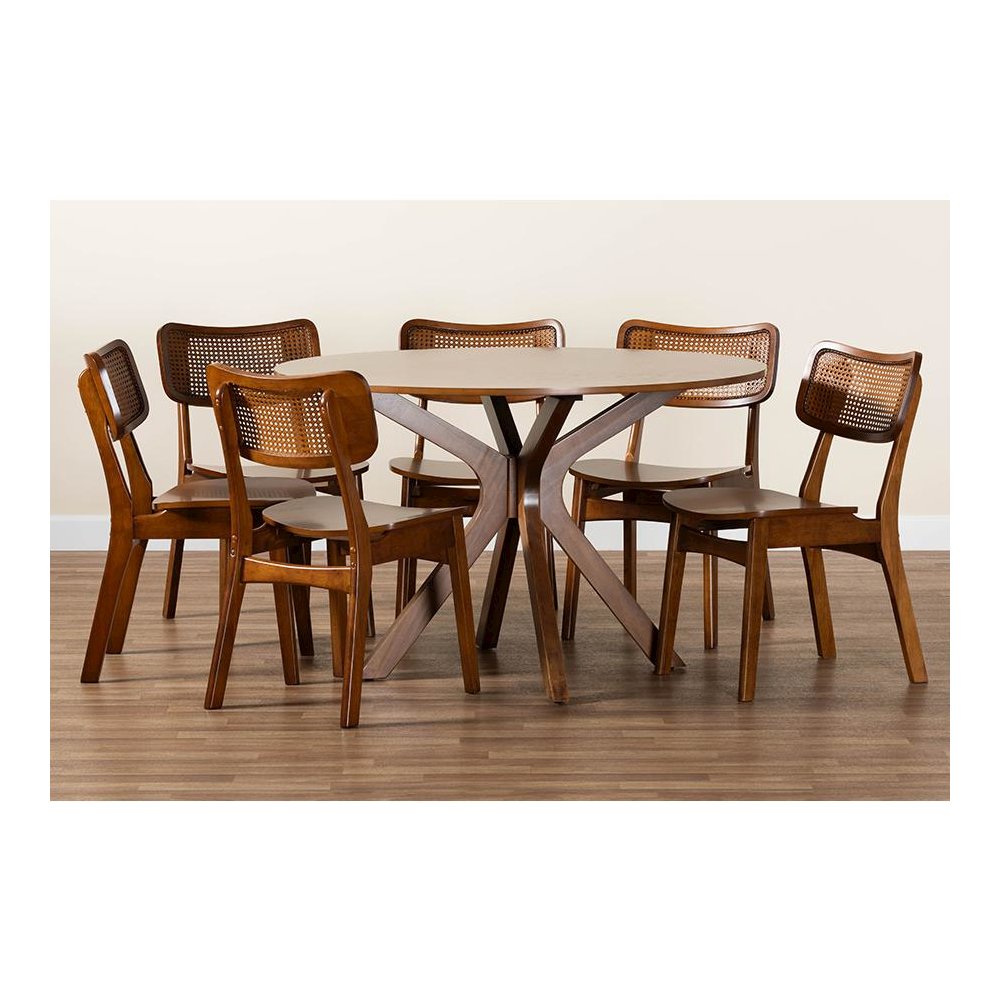 Walnut Brown Finished Wood and Rattan 7-Piece Dining Set. Picture 9