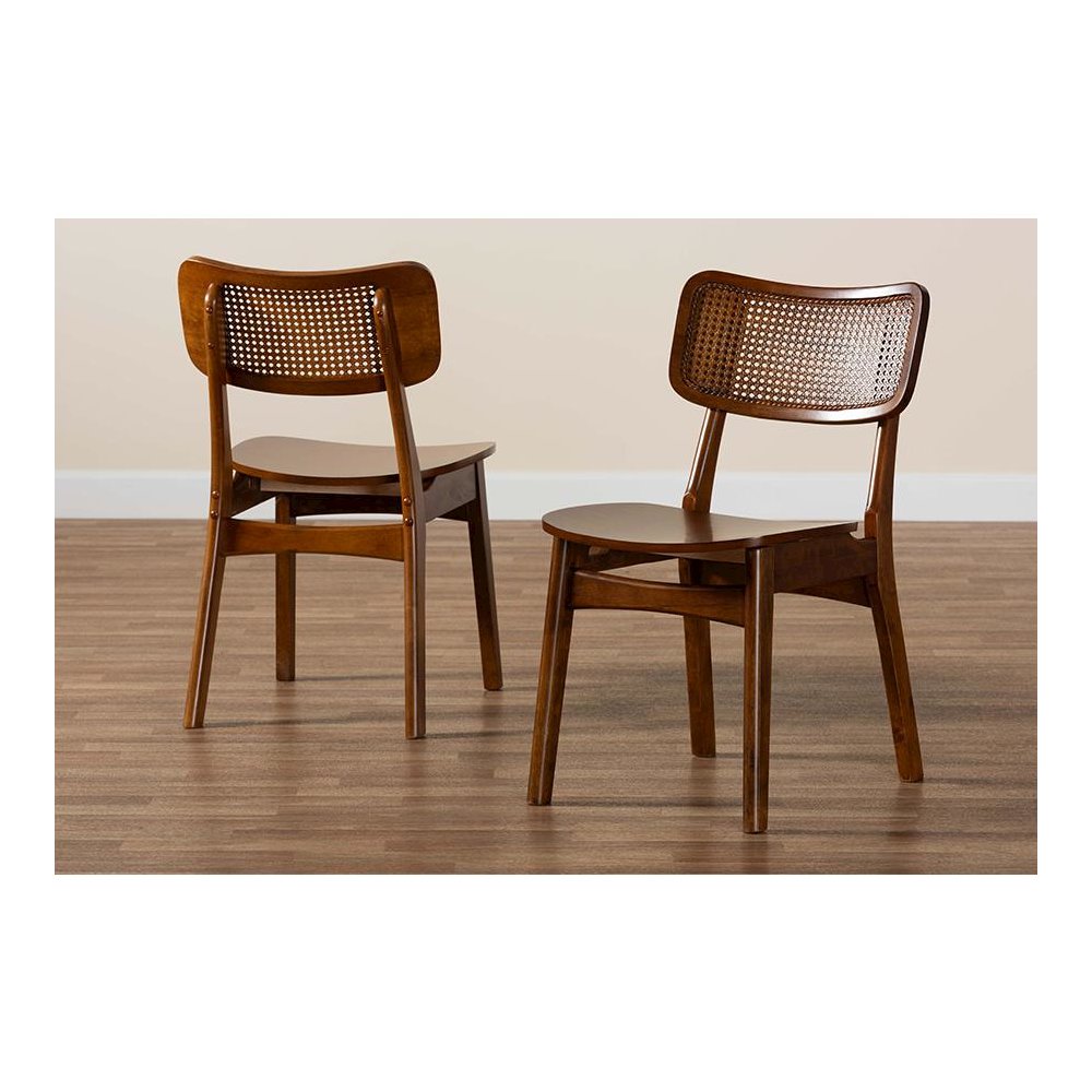 Walnut Brown Finished Wood and Rattan 2-Piece Dining Chair Set. Picture 8