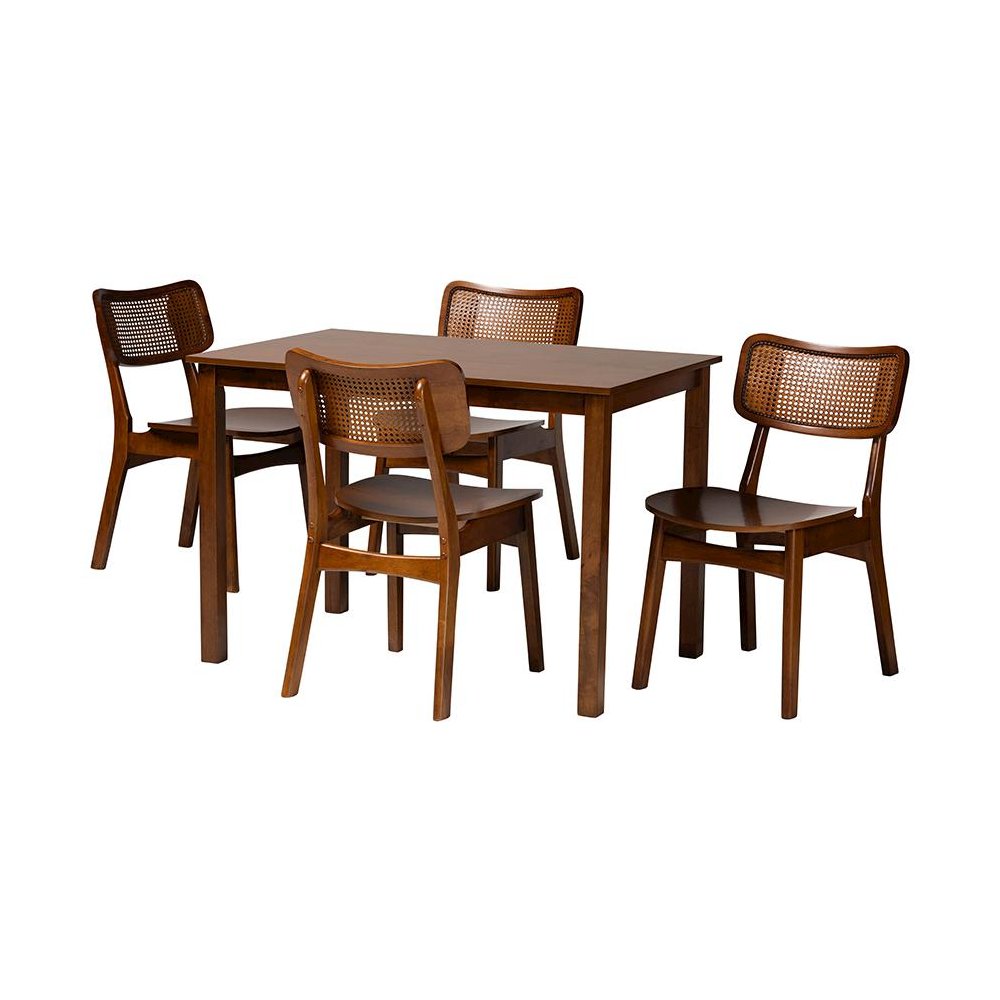 Walnut Brown Finished Wood and Rattan 5-Piece Dining Set. Picture 1