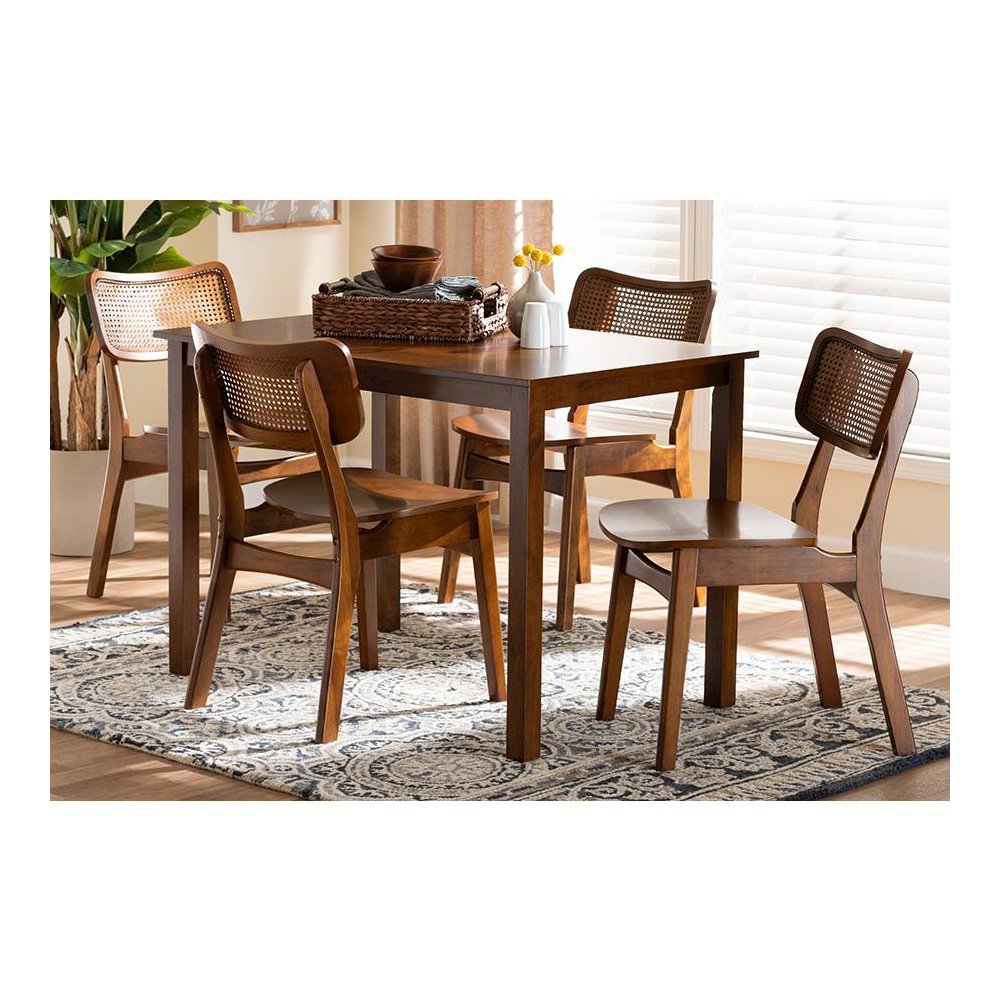 Walnut Brown Finished Wood and Rattan 5-Piece Dining Set. Picture 8