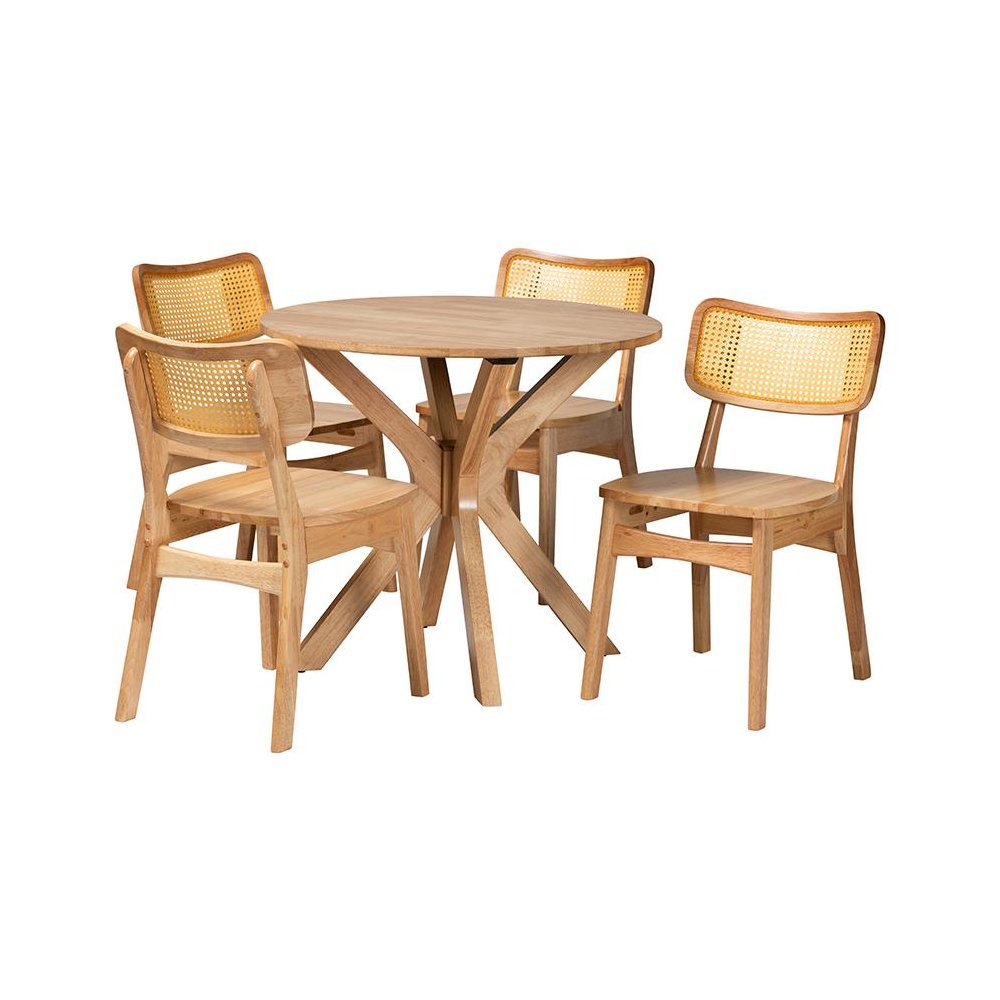 Camilo Mid-Century Modern Oak Brown Finished Wood and Rattan 5-Piece Dining Set. Picture 1