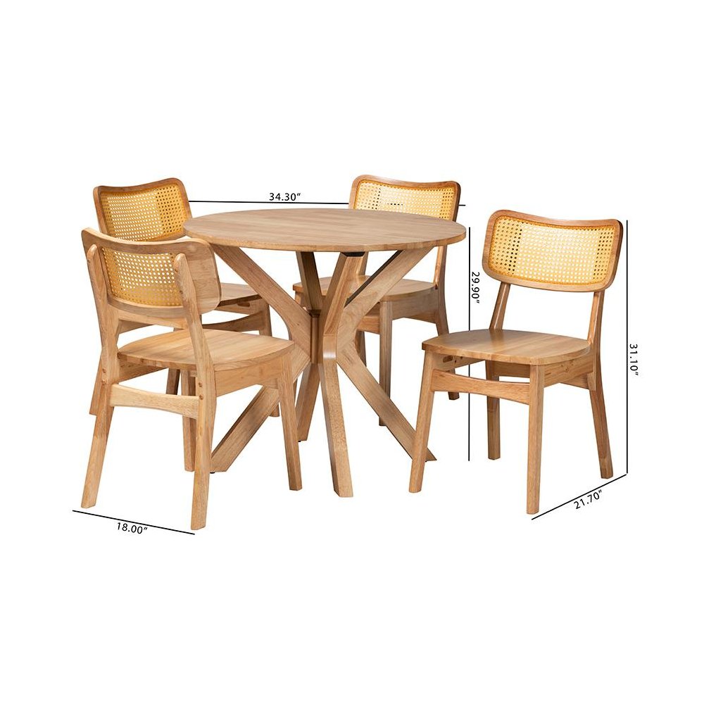Camilo Mid-Century Modern Oak Brown Finished Wood and Rattan 5-Piece Dining Set. Picture 10