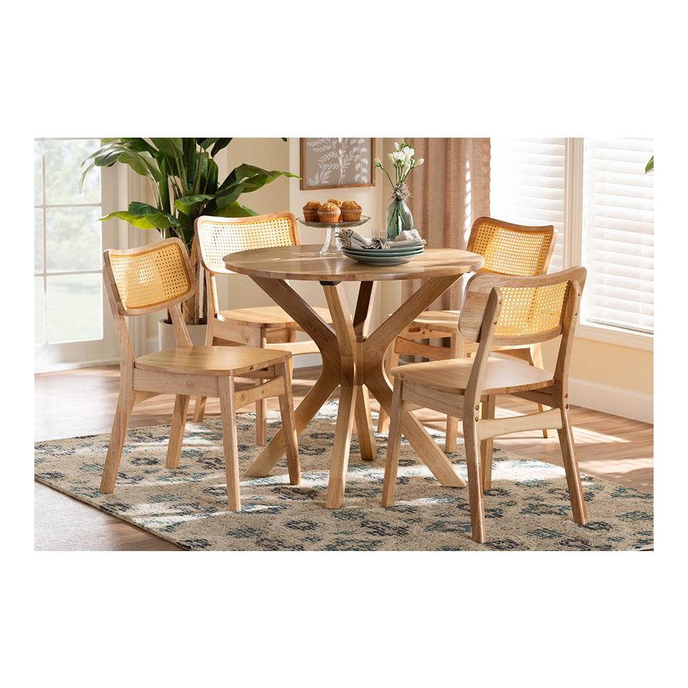 Camilo Mid-Century Modern Oak Brown Finished Wood and Rattan 5-Piece Dining Set. Picture 8