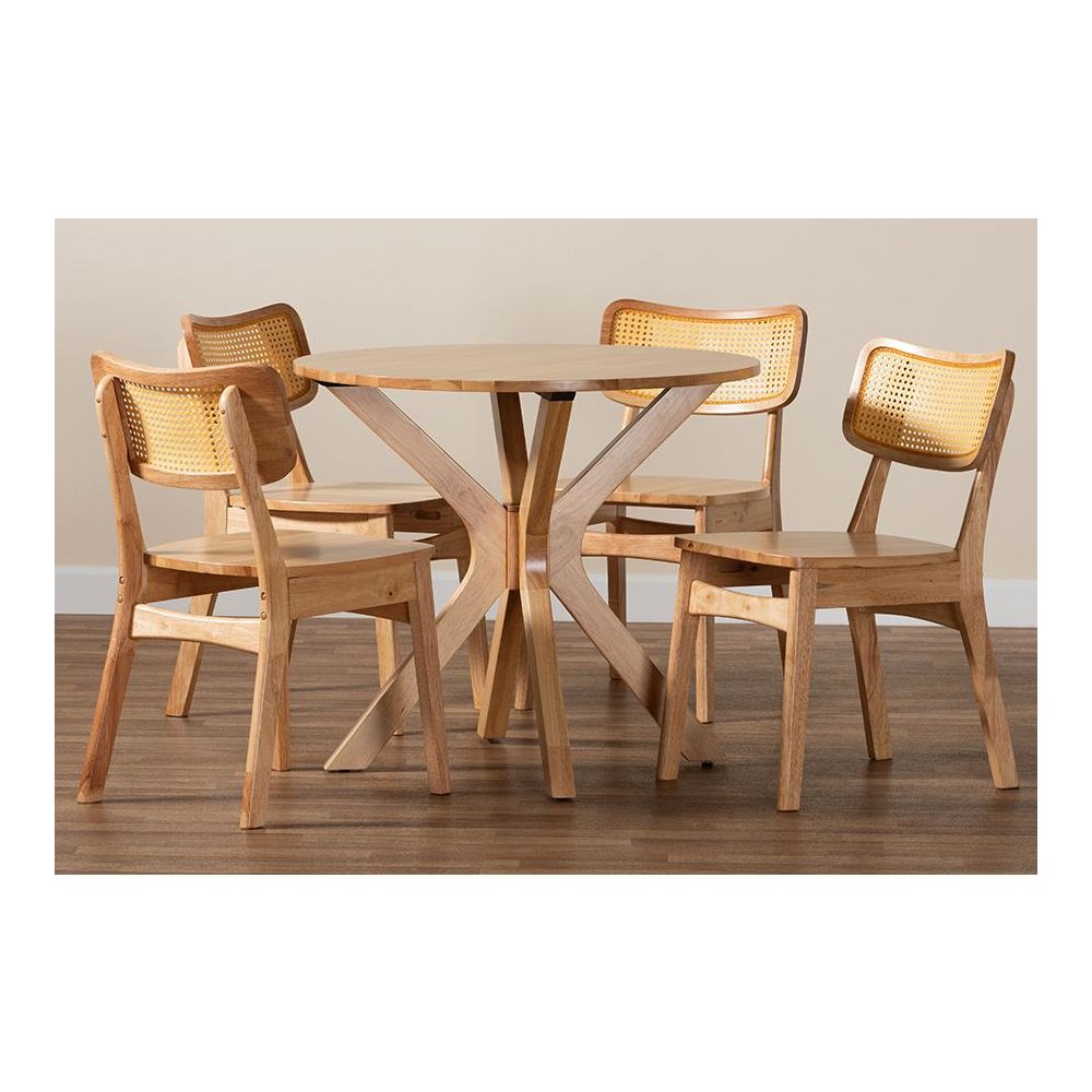 Camilo Mid-Century Modern Oak Brown Finished Wood and Rattan 5-Piece Dining Set. Picture 9