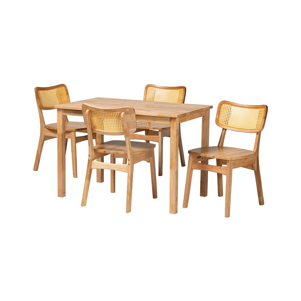 Dulcet Mid-Century Modern Oak Brown Finished Wood and Rattan 5-Piece Dining Set. Picture 1