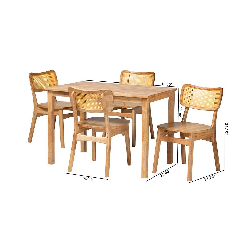 Dulcet Mid-Century Modern Oak Brown Finished Wood and Rattan 5-Piece Dining Set. Picture 10