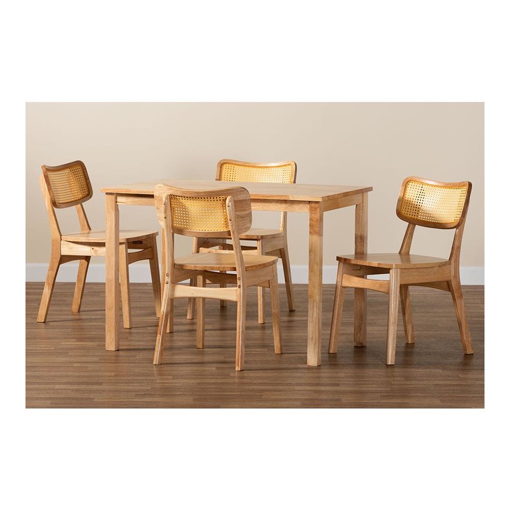 Dulcet Mid-Century Modern Oak Brown Finished Wood and Rattan 5-Piece Dining Set. Picture 9