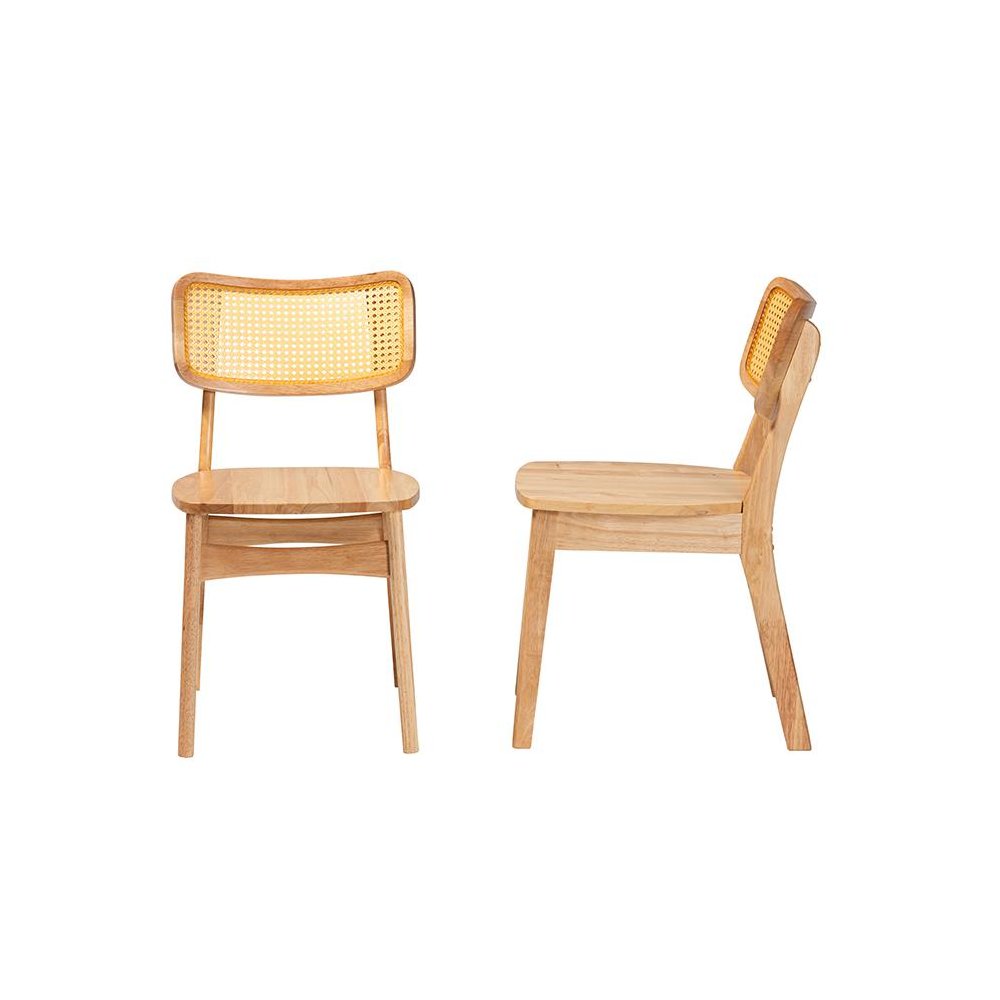 Oak Brown Finished Wood and Rattan 2-Piece Dining Chair Set. Picture 3