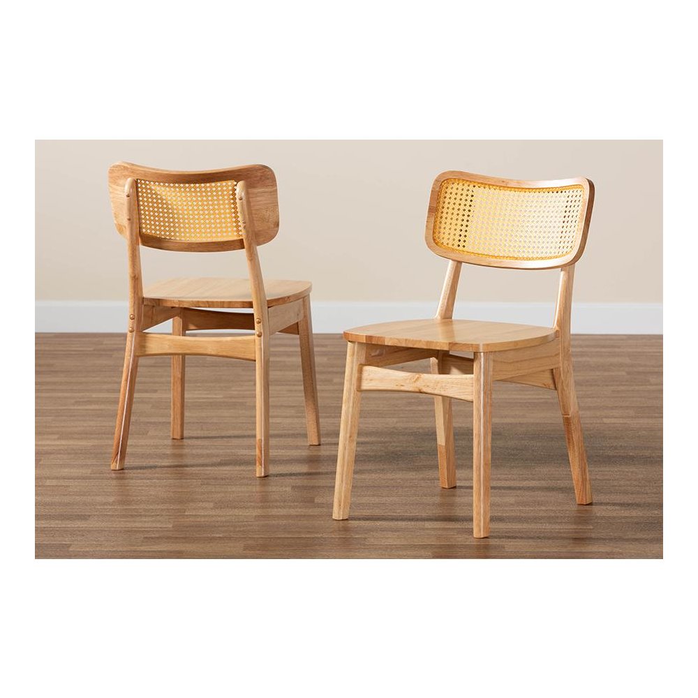 Oak Brown Finished Wood and Rattan 2-Piece Dining Chair Set. Picture 8