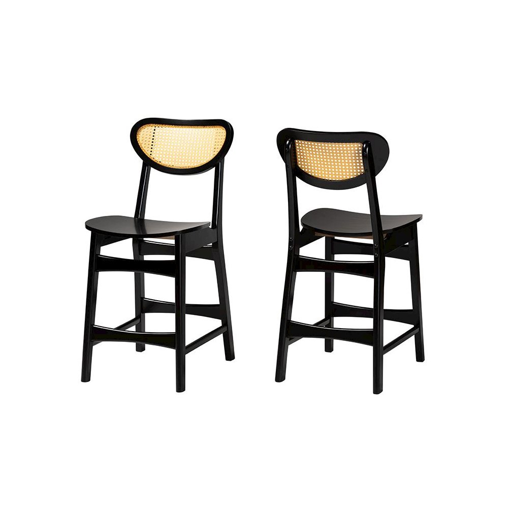 Dark Brown Finished Wood and Rattan 2-Piece Counter Stool Set. Picture 1