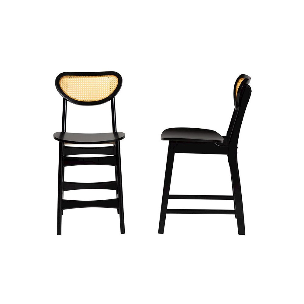 Dark Brown Finished Wood and Rattan 2-Piece Counter Stool Set. Picture 3