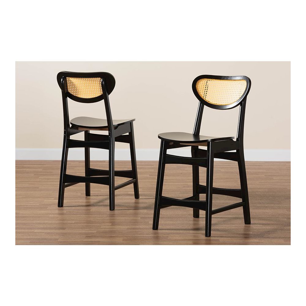 Dark Brown Finished Wood and Rattan 2-Piece Counter Stool Set. Picture 8