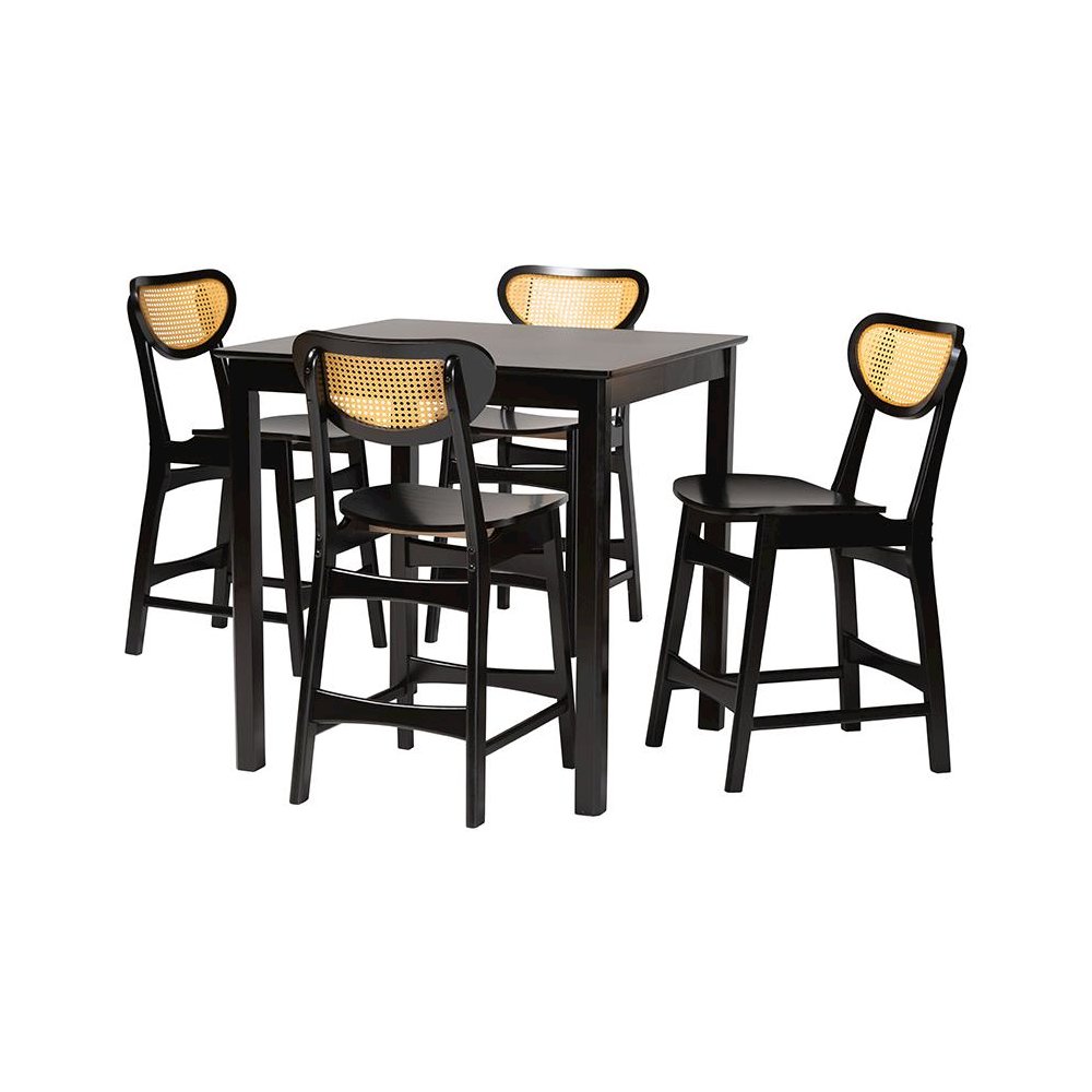 Hesper Mid-Century Modern Dark Brown Finished Wood and Rattan 5-Piece Pub Set. Picture 1