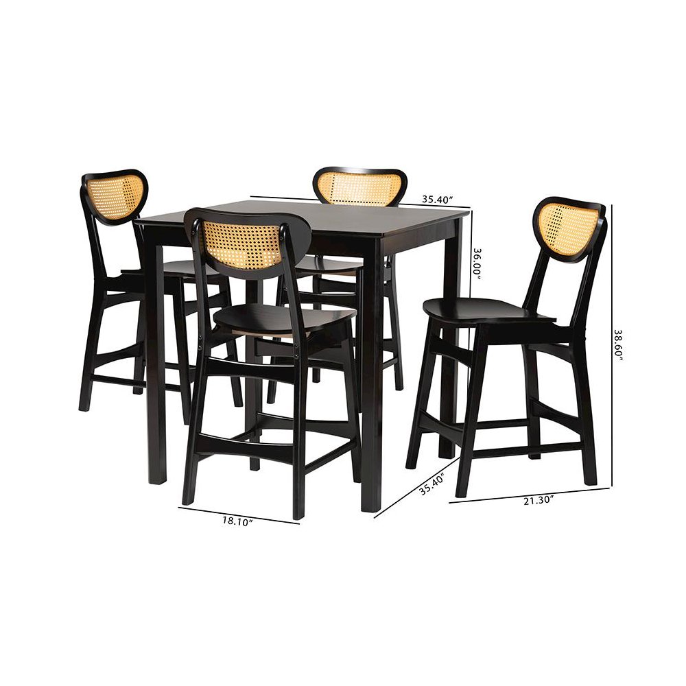 Hesper Mid-Century Modern Dark Brown Finished Wood and Rattan 5-Piece Pub Set. Picture 10