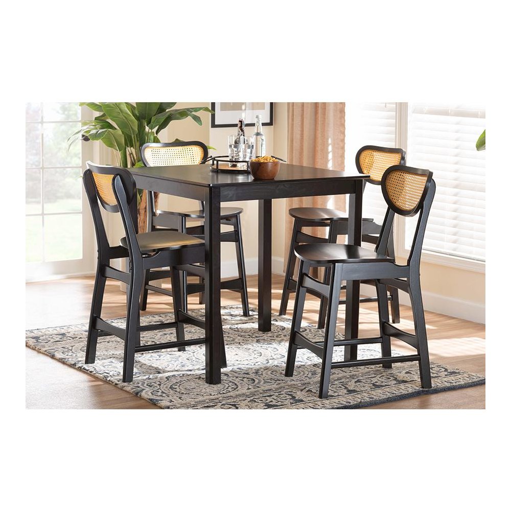 Hesper Mid-Century Modern Dark Brown Finished Wood and Rattan 5-Piece Pub Set. Picture 8
