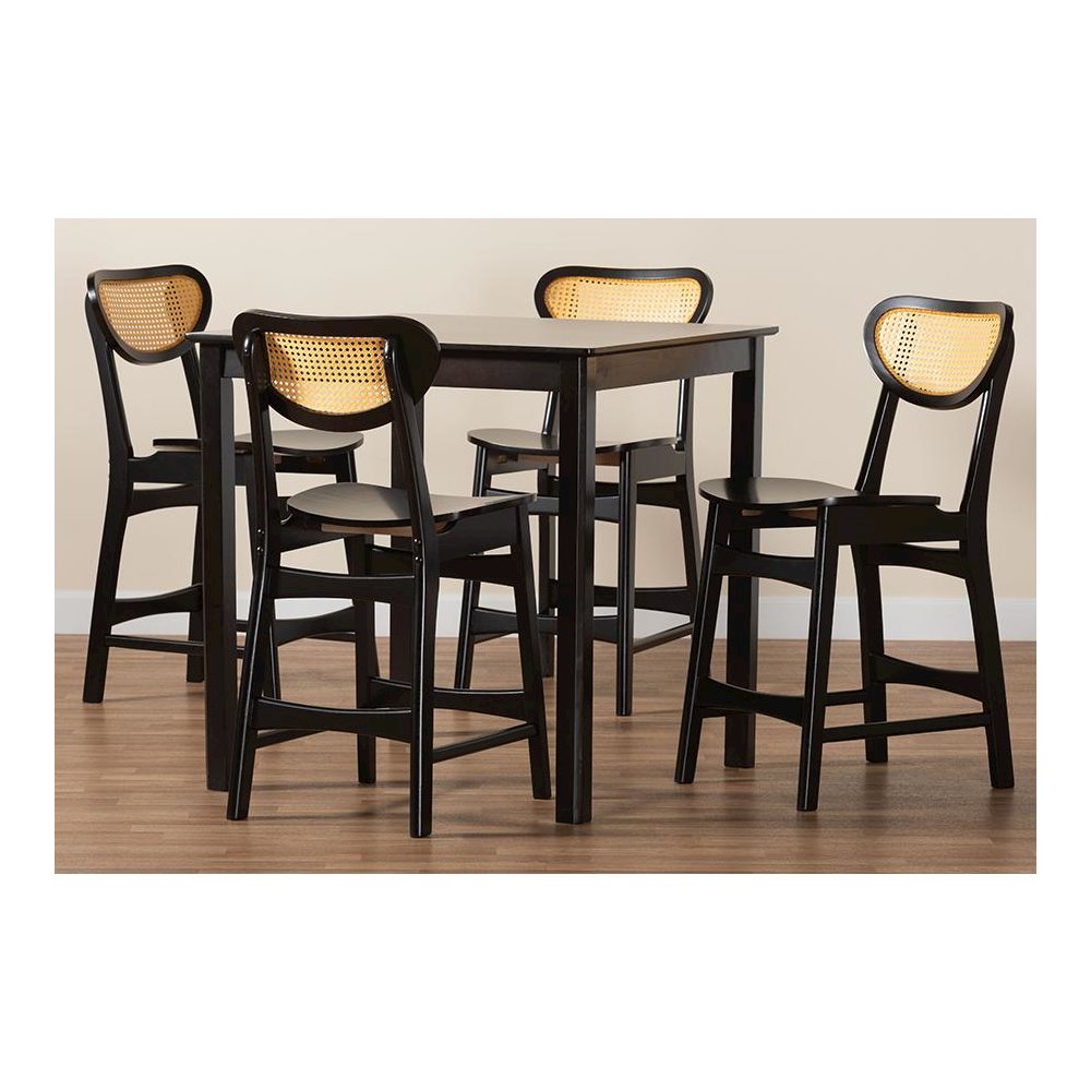 Hesper Mid-Century Modern Dark Brown Finished Wood and Rattan 5-Piece Pub Set. Picture 9