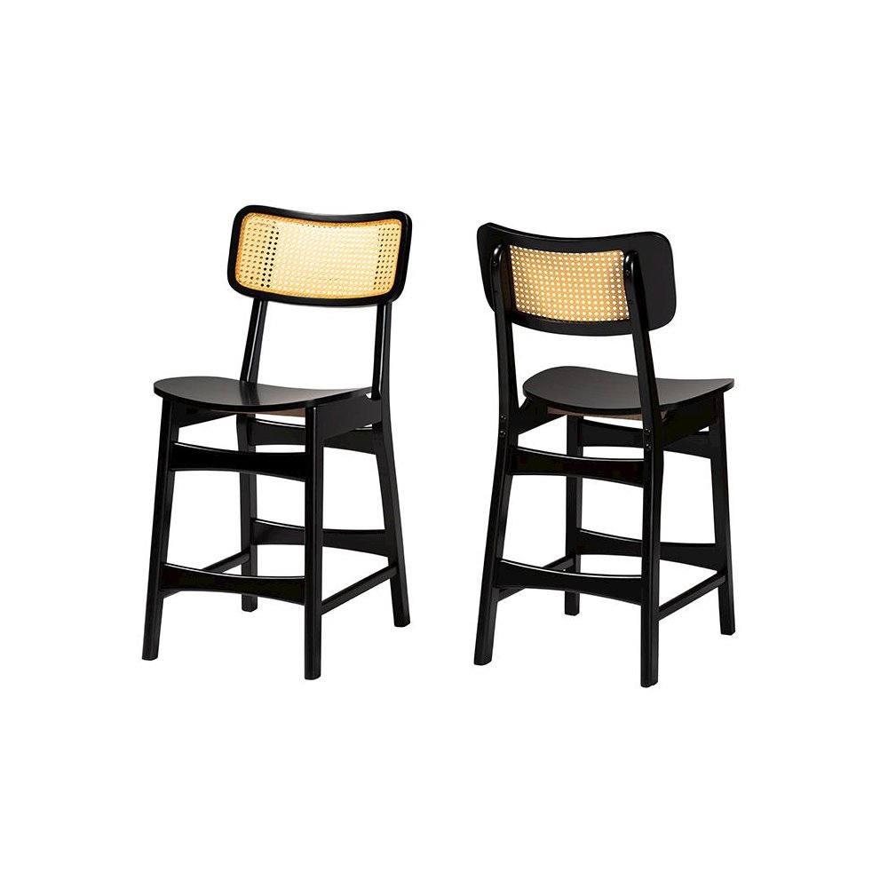 Dark Brown Finished Wood and Rattan 2-Piece Counter Stool Set. Picture 1