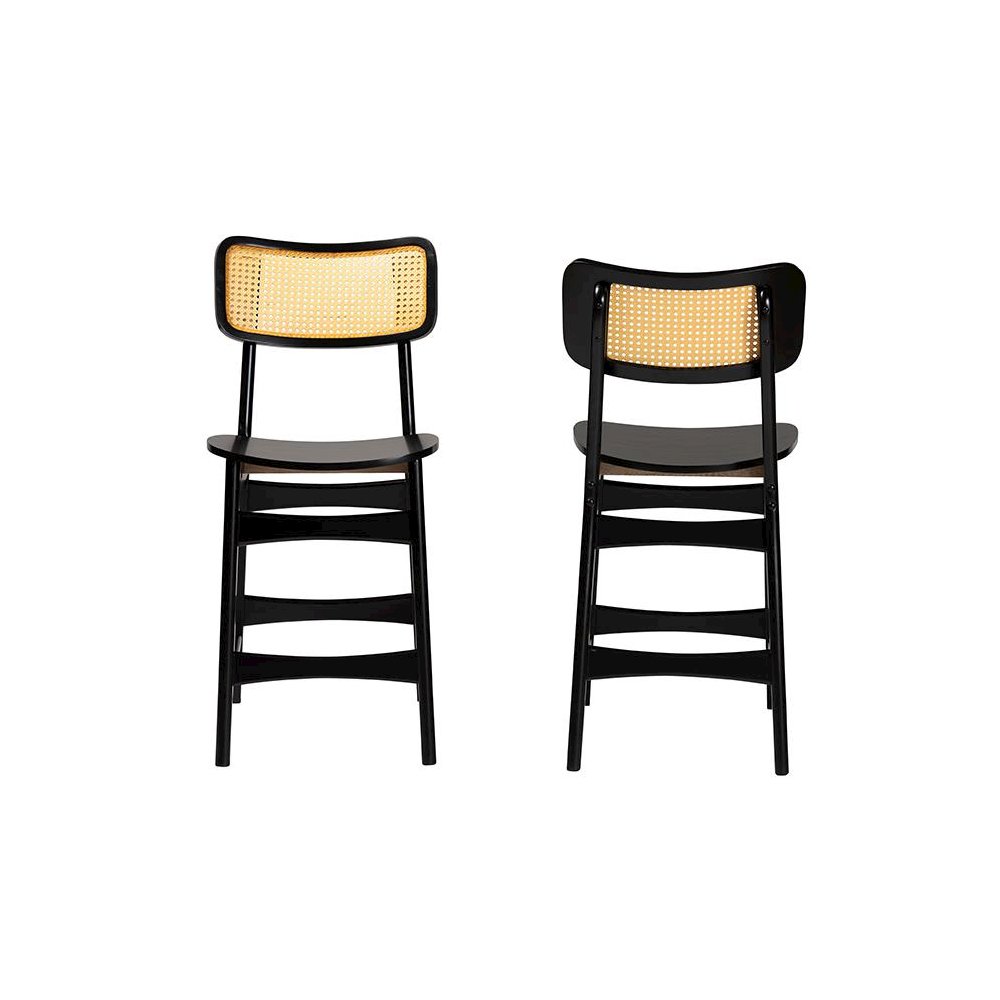 Dark Brown Finished Wood and Rattan 2-Piece Counter Stool Set. Picture 2