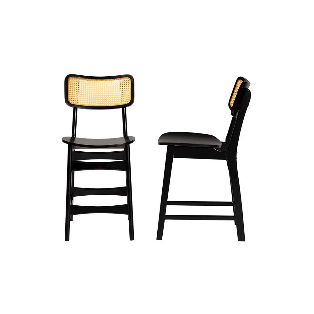 Dark Brown Finished Wood and Rattan 2-Piece Counter Stool Set. Picture 3