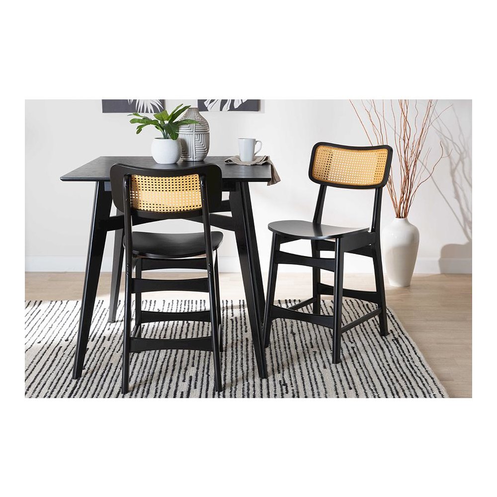 Dark Brown Finished Wood and Rattan 2-Piece Counter Stool Set. Picture 7