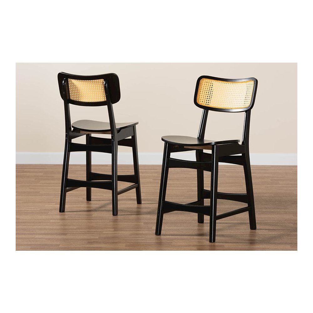 Dark Brown Finished Wood and Rattan 2-Piece Counter Stool Set. Picture 8