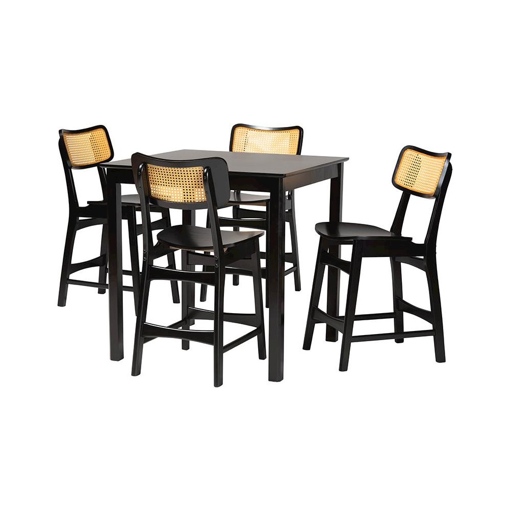 Tafari Mid-Century Modern Dark Brown Finished Wood and Rattan Pub Set. Picture 1