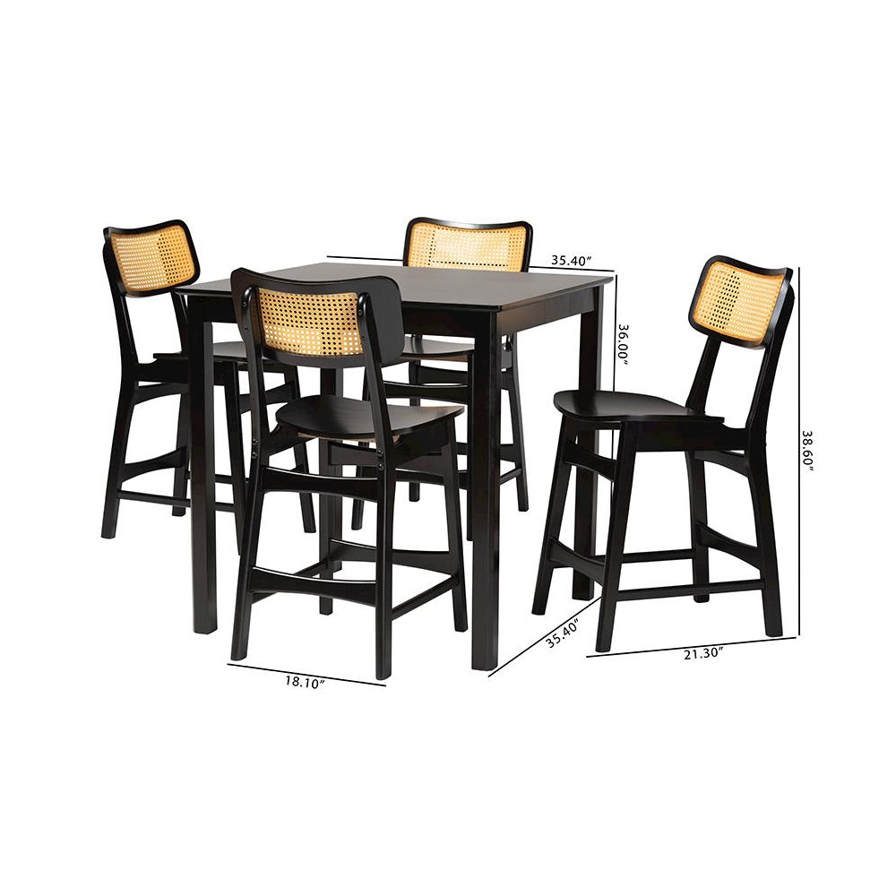 Tafari Mid-Century Modern Dark Brown Finished Wood and Rattan Pub Set. Picture 10