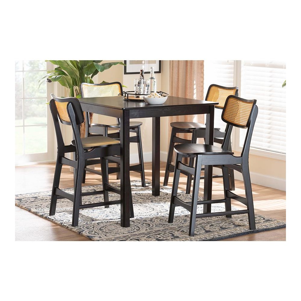 Tafari Mid-Century Modern Dark Brown Finished Wood and Rattan Pub Set. Picture 8