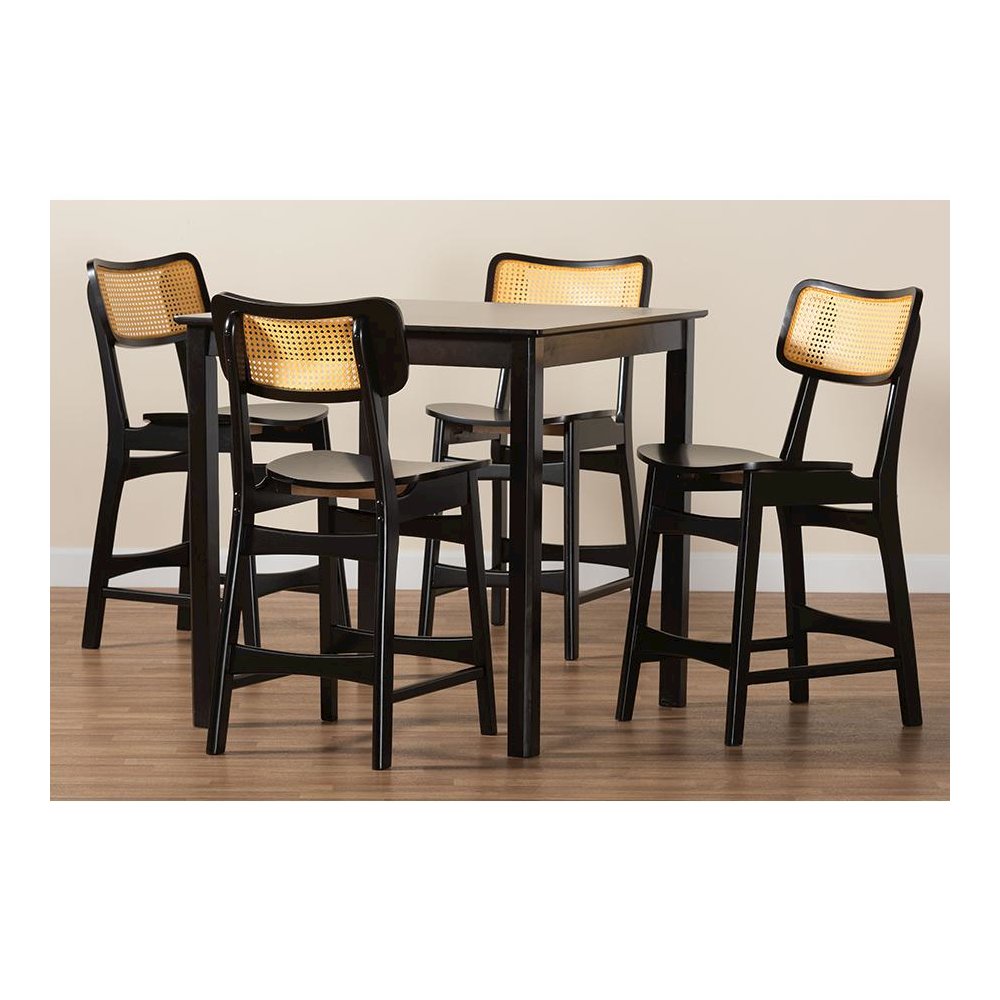 Tafari Mid-Century Modern Dark Brown Finished Wood and Rattan Pub Set. Picture 9