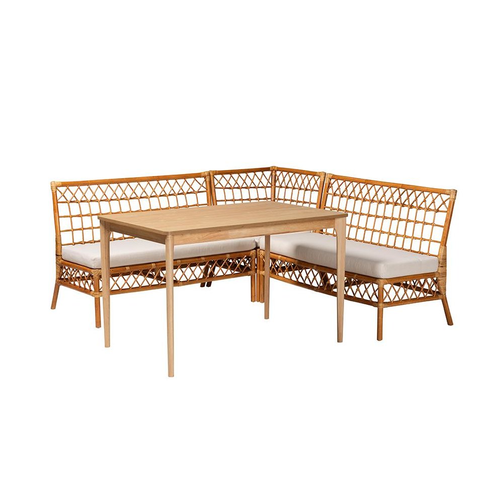 bali & pari Adora Modern Bohemian Honey Rattan 4-Piece Dining Nook Set. Picture 1