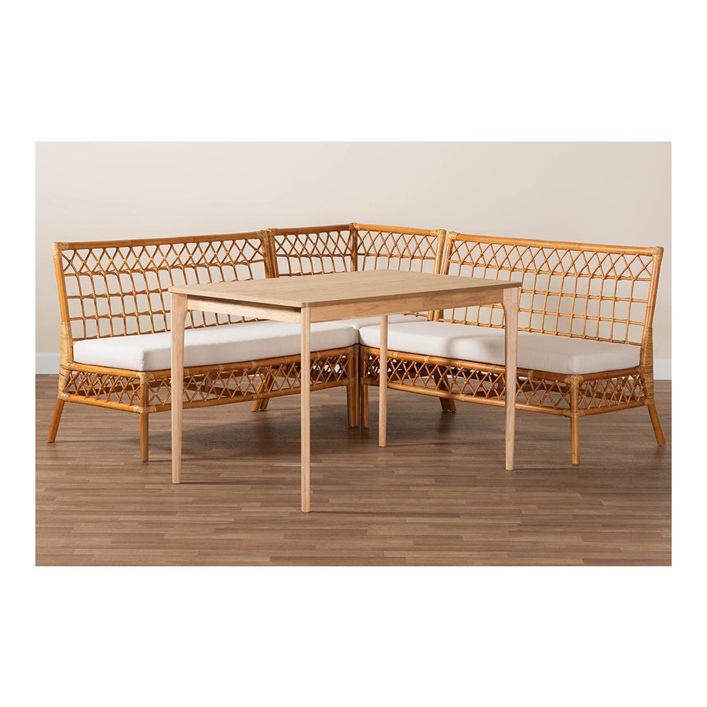 bali & pari Adora Modern Bohemian Honey Rattan 4-Piece Dining Nook Set. Picture 10